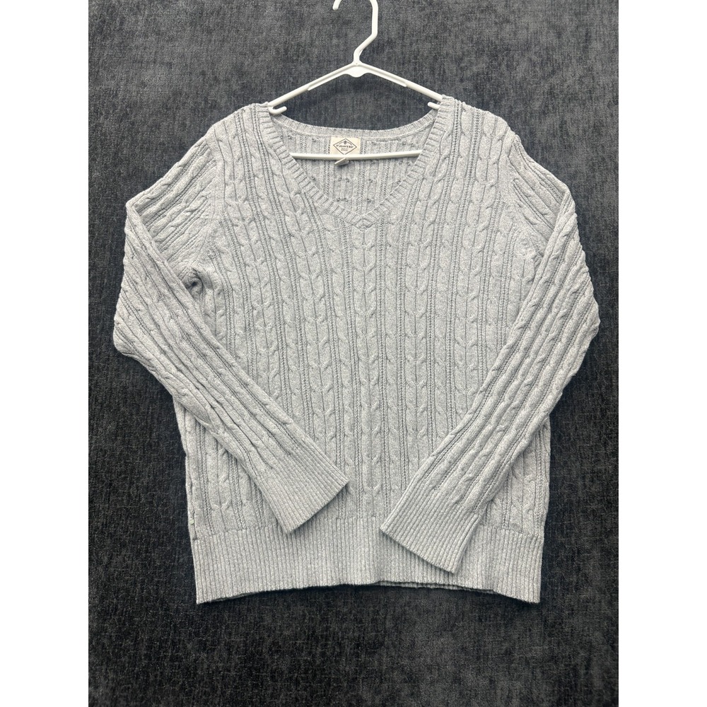 St. John's Bay Sweater Womens XL Heather Gray Cotton Cable Knit Ribbed V Neck